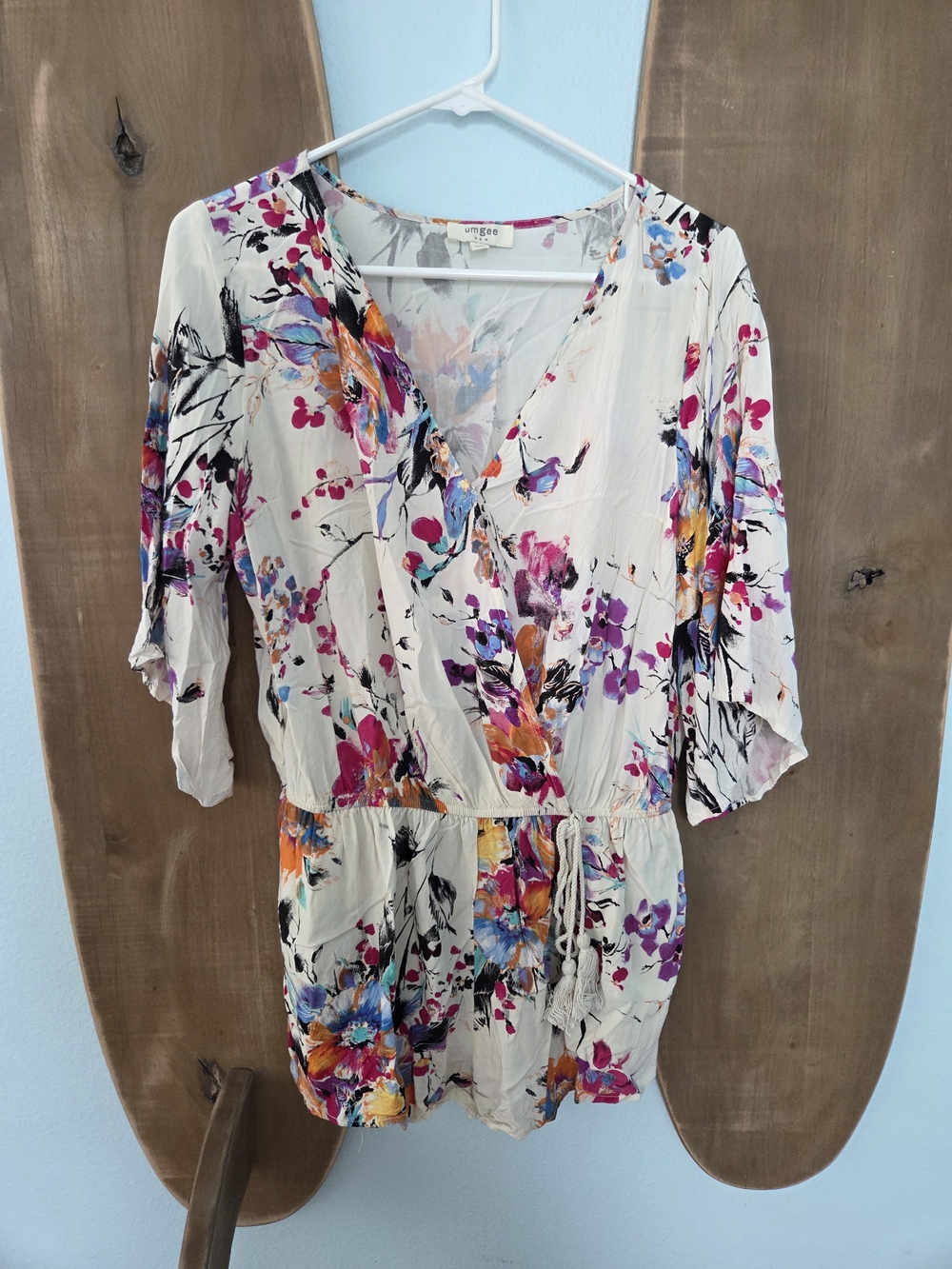 Umgee Cream Floral Tie-Waist Romper with V-Neck